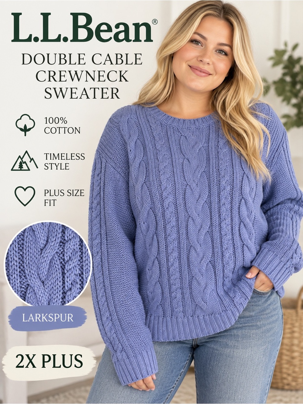 L.L.Bean Double Cable Crewneck Sweater 2X Plus Larkspur Blue Cotton NWT